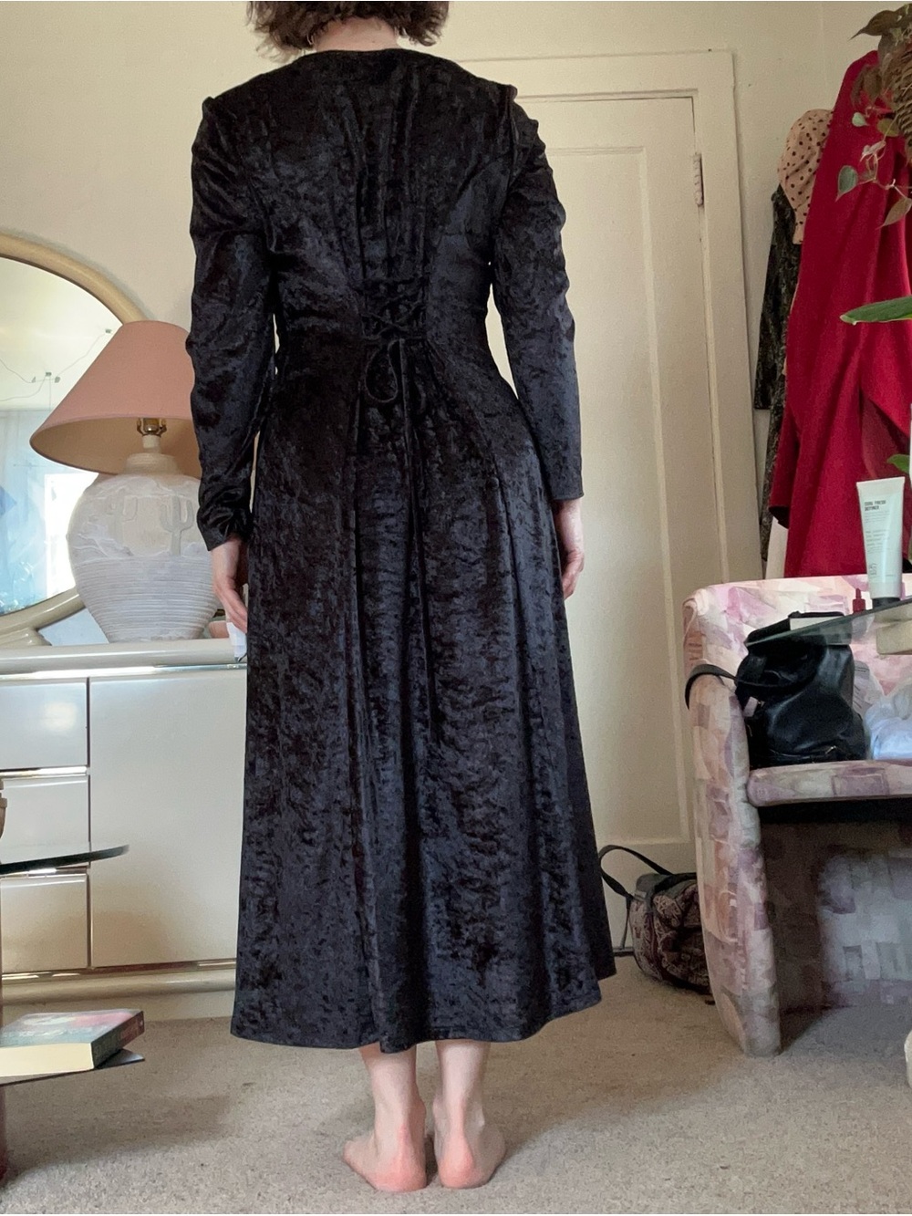 Classic Black Velvet Button-Front Midi Dress - Picture 2 of 10